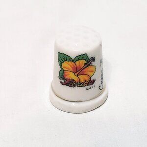 Florida Hibiscus Flower Cocoa Beach Thimble Souvenir Porcelain Vintage 1"